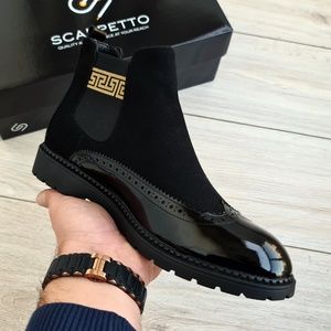 Black Leather Chelsea Boots, Greek Pattern Boots